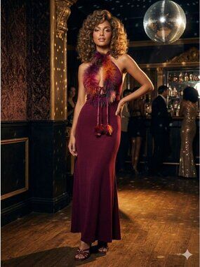 Vintage 70s Climax David Howard Maroon Halter Maxi Dress Marabou Feather Sz 5/6